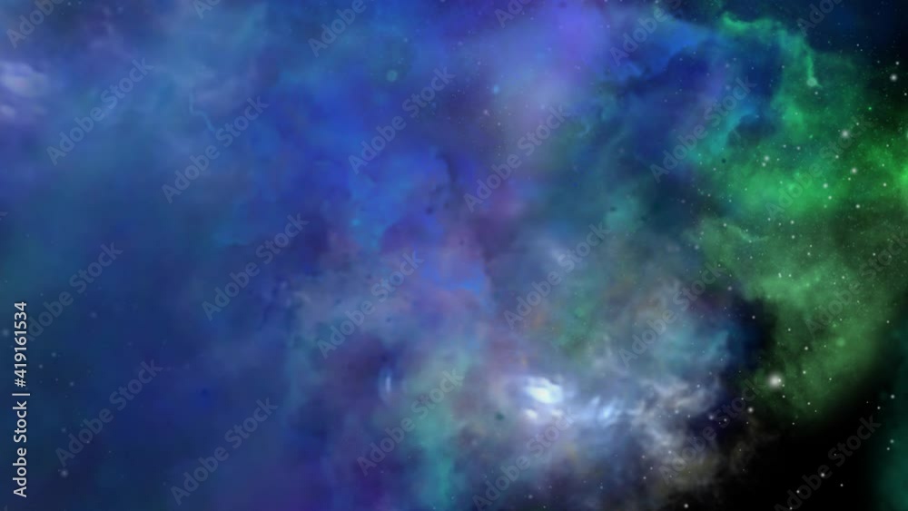 a cloud of blue and green nebula clouds moving closer to the universe, outer space. a cloud of blue and green nebula clouds moving closer to the universe, outer space.