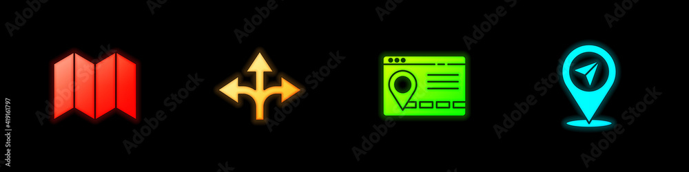 Set Folded map, Road traffic sign, Infographic of city navigation and Location icon. Vector. Set Folded map, Road traffic sign, Infographic of city navigation and Location icon. Vector.