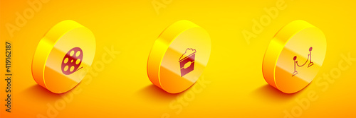 Set Isometric Film reel, Popcorn in box and Rope barrier icon. Vector.