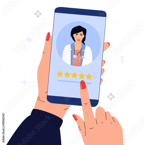 A satisfied patient leaves a good review to the doctor using the mobile application. Hand rates five stars. Customer feedback online. Rating flat vector concept.