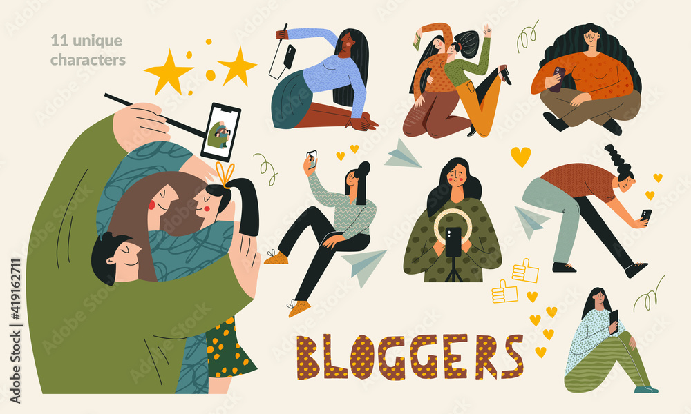 Naklejka premium Blogger set Blogging and influencer concept. Bundle of young trendy vloggers, group of modern bloggers. Cute funny girls creating content. Collection of flat cartoon vector illustration