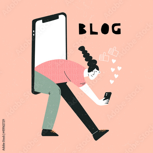 Hipster gen z teen girl blogger Blogging and social media networking concept. Cute funny woman creating content. Young female character recording video. Trendy cartoon illustration