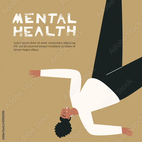 Mental disorder finding answers confusion concept Young black depressed female character. Person with confused minds. Depressive symptoms and little energy. Flat cartoon illustration