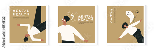 Set of young black depressed girl illustration card. Bundle of african woman with confused minds illness, people psychotherapy and psychiatric problems. Flat vector cartoon character
