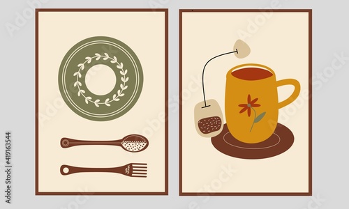 cup of tea with a spoon wall art. Set two of kitchen wall decor. Contemporary wall Decorations for Minimalist home, cafe and restaurants. 
