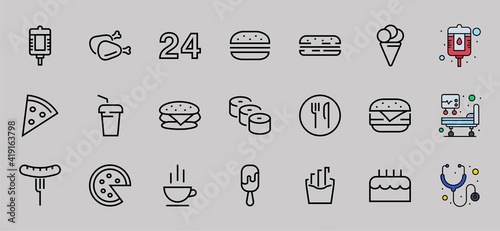 A simple set of fast food icons related to the vector line. Contains icons such as pizza, burger, sushi, bike, scrambled eggs and more. EDITABLE stroke. EPS 10