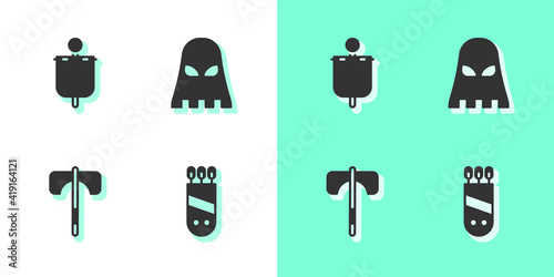 Set Quiver with arrows, Medieval flag, axe and Executioner mask icon. Vector.