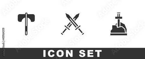 Set Medieval axe, Crossed medieval sword and Sword in the stone icon. Vector.