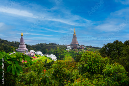 Landscape of two pagoda on the top of Doi Inthanon mountain at Chiang Mai  Thailand.