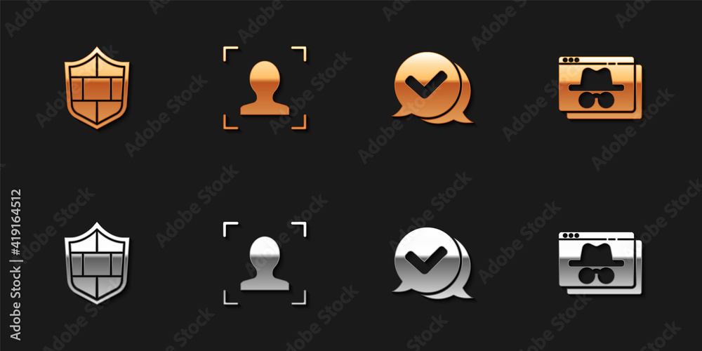 Set Shield with brick wall, Face recognition, Check mark in speech bubble and Browser incognito window icon. Vector. Set Shield with brick wall, Face recognition, Check mark in speech bubble and Browser incognito window icon. Vector.