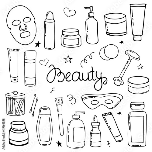 Doodle set of images with cosmetics, jars and accessories. Hand-drawn illustration. Vector image for various designs.