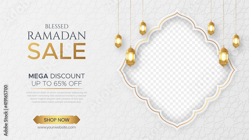 Ramadan Kareem Sale Banner Islamic Ornament Lantern Background, Ramadan sale social media post with empty space for photo