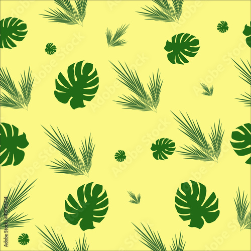 pattern with palm leaves and monsters on a yellow background  for printing on fabric  wrapping paper  wallpaper