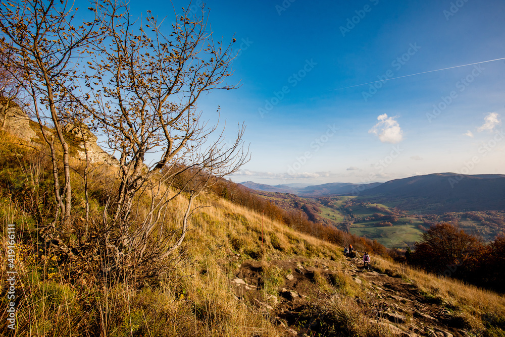 Autumn in the Bieszczady Mountains Poland. Trekking trail, blue sky. Autumn in the Bieszczady Mountains Poland. Trekking trail, blue sky.
