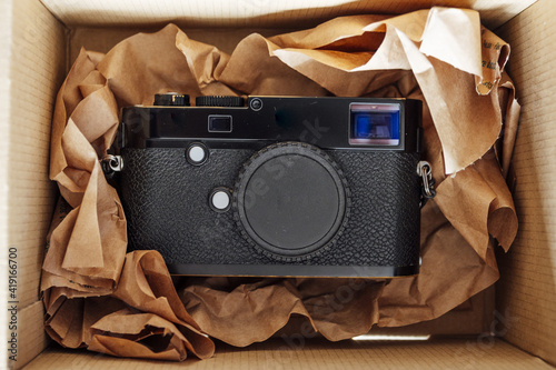 Photography Closeup shot of a camera in a box