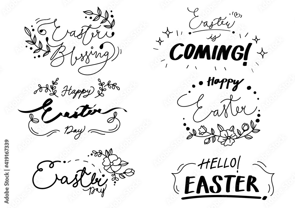 Six handwritten Easter phrases on the white background, font style, lettering, calligraphy, Easter day