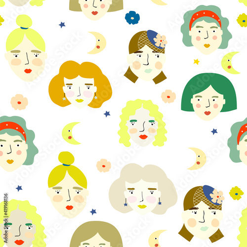 Seamless background with funny childish women's portraits. Cute female faces. Vector repeat background.