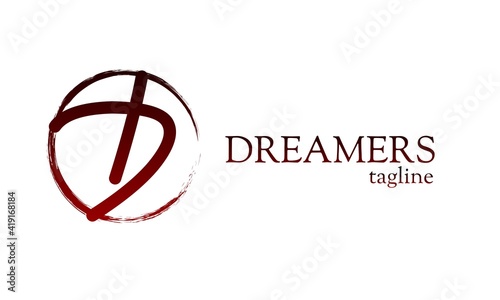 Abstract letter D logo with rough circle. Strong black and red gradient color. Editable vector