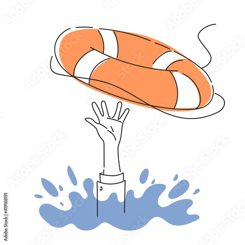 Salvation of a drowning person. The person is drowning in water. Economic crisis. Lifebuoy. Flat color graphics isolated on white.