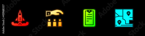 Set Rocket, Boss with employee, Clipboard checklist and Folded map location icon. Vector.