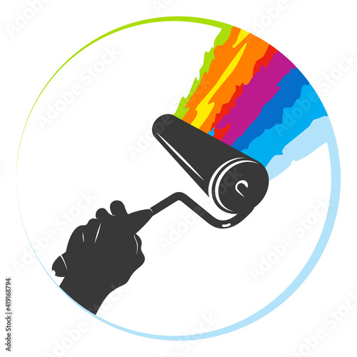 Roller splashes of colored paint in hand symbol for painter worker