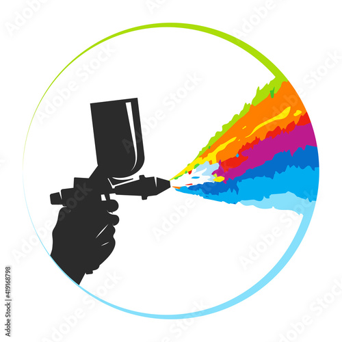 Spray gun in hand and colored paint splatter symbol