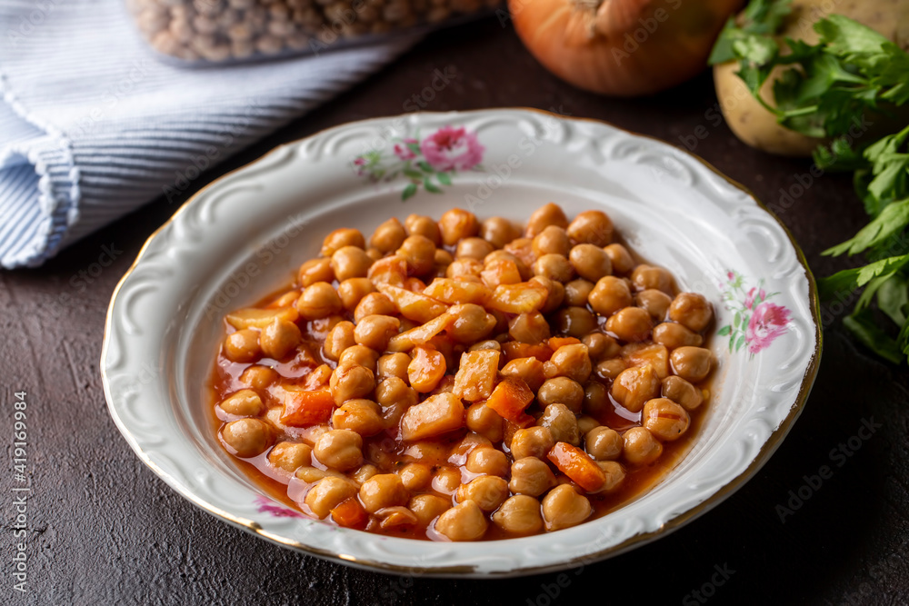 Traditional delicious Turkish food; Chickpea stew (Turkish name; Nohut pilaki) Traditional delicious Turkish food; Chickpea stew (Turkish name; Nohut pilaki)