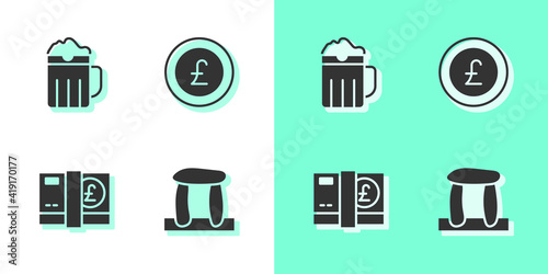 Set Stonehenge, Wooden beer mug, Pound sterling money and Coin with pound icon. Vector.