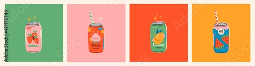 Set of tasty Sodas. Soft Drinks in aluminum Cans. Carbonated water with fruit flavor. Asian, Japanese Kawaii style. Hand drawn colorful Vector illustrations