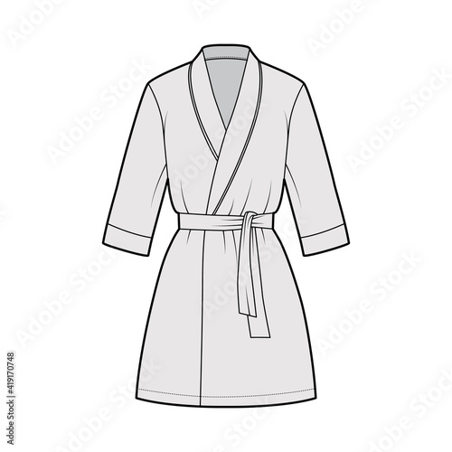 Bathrobe Dressing gown technical fashion illustration with wrap opening, mini length, oversized, tie, elbow sleeves. Flat apparel garment front, grey color style. Women, men unisex CAD mockup