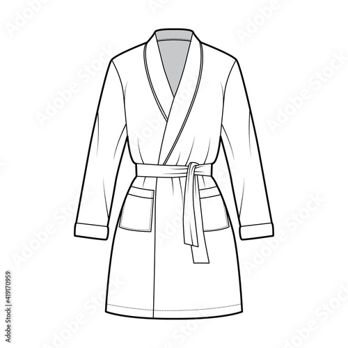 Bathrobe Dressing gown technical fashion illustration with wrap opening, mini length, oversized, tie, pocket, long sleeves. Flat garment front, white color style. Women, men unisex CAD mockup