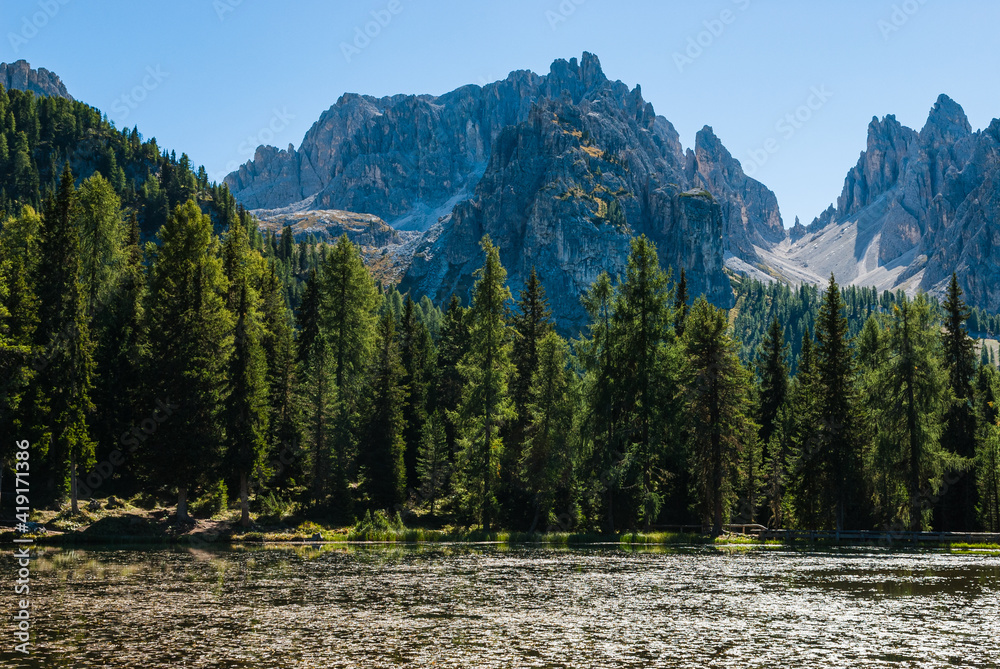 Mountain and lake scenery of Dolomites, Italy