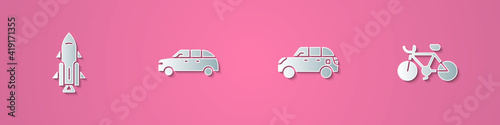 Set paper cut Rocket ship with fire, Hatchback car, and Bicycle icon. Paper art style. Vector.
