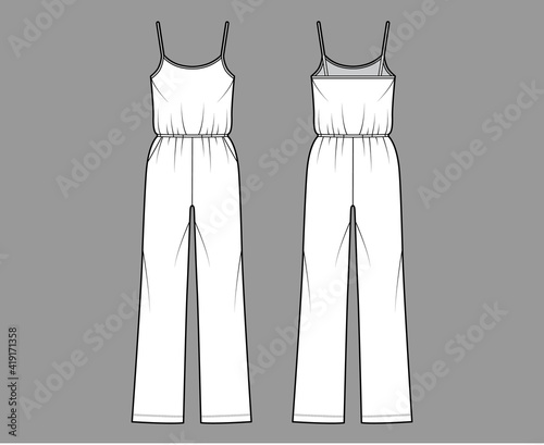 Camisole jumpsuit Dungaree overall technical fashion illustration with full length, normal elastic waist, oversized, pockets. Flat front back, white color style. Women, men unisex CAD mockup
