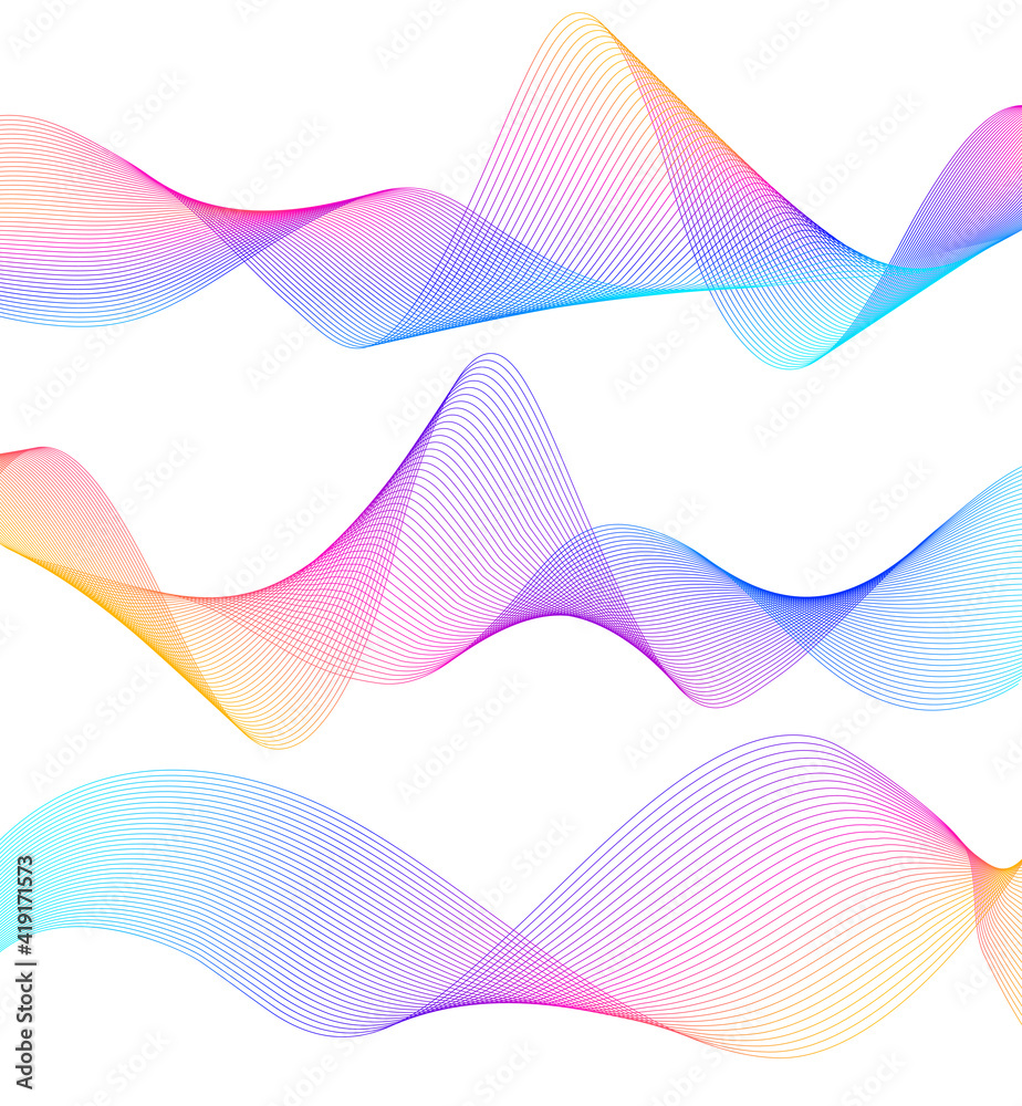 Wave of the many colored lines. Abstract wavy stripes on a white background isolated. Creative line art. Vector illustration EPS 10. Design elements created using the Blend Tool. Curved smooth tape Wave of the many colored lines. Abstract wavy stripes on a white background isolated. Creative line art. Vector illustration EPS 10. Design elements created using the Blend Tool. Curved smooth tape