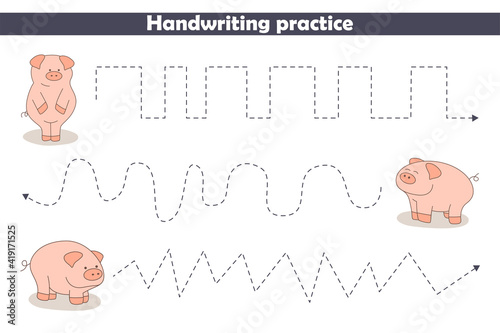 Handwriting practices with pigs. Children's cartoon tasks with pigs. Preschool education, developing children's game, printable sheet, learning to write. Vector illustration.