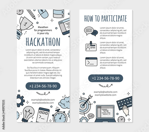 Hackathon and datathon leaflet or flyer for printing in Doodle style. Vector template for the event for developers, programmers and managers