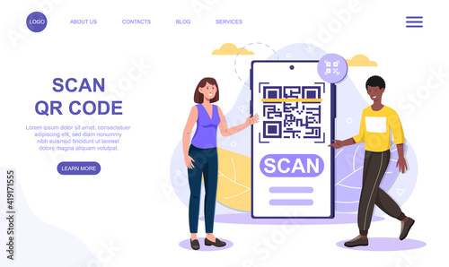 QR code scanning, people use smartphone and scan for payment. Flat abstract metaphor cartoon vector illustration concept isolated on white background. Website web page landing page ui template design
