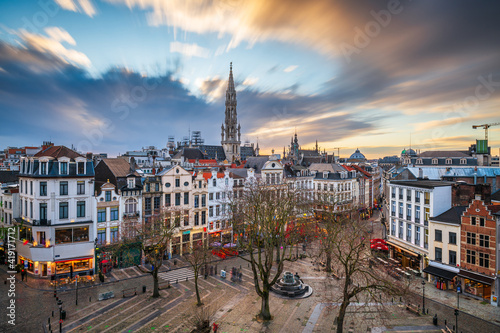 Brussels, Belgium plaza and skyline with the Town Hall