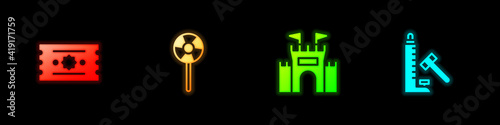 Set Ticket, Lollipop, Castle and Striker attraction with hammer icon. Vector.