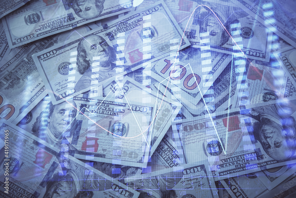 Double exposure of forex graph drawing over us dollars bill background. Concept of financial markets. Double exposure of forex graph drawing over us dollars bill background. Concept of financial markets.