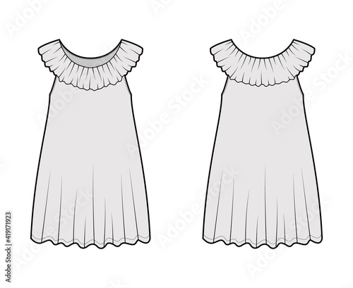 Negligee dress Sleepwear Pajamas technical fashion illustration with mini length, oversized, Pierrot frilled collar, trapeze silhouette. Flat front back, grey color style. Women, men unisex CAD mockup