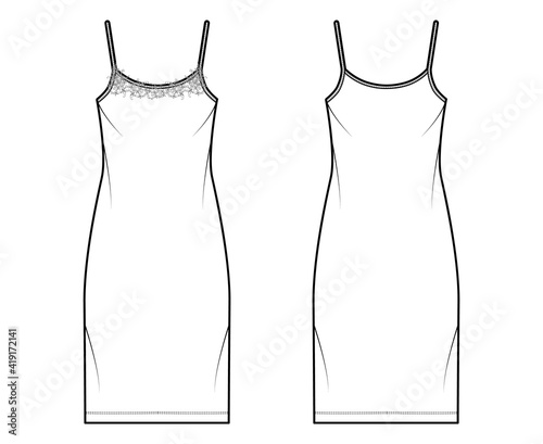 Set of Chemise lace dresses Sleepwear Pajama technical fashion illustration with knee length, oversized, scoop neck cami. Flat apparel front, white color style. Women, men unisex CAD mockup