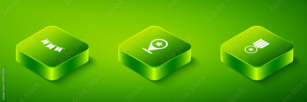 Set Isometric USA Independence day, Medal with star and Carnival garland flags icon. Vector.