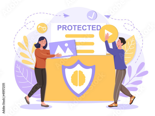 Intellectual property protection from plagiarism concept People carry protected items Product exclusive usage Flat abstract metaphor cartoon vector illustration concept isolated on white background