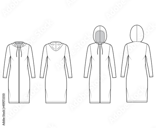 Set Hoody zip-up dresses technical fashion illustration with long sleeves, knee length, oversized body, Pencil fullness. Flat sweatshirt apparel template front, back, white color. Women men CAD mockup