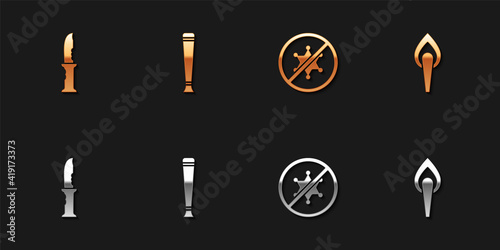 Set Military knife, Police rubber baton, Protest and Torch flame icon. Vector.