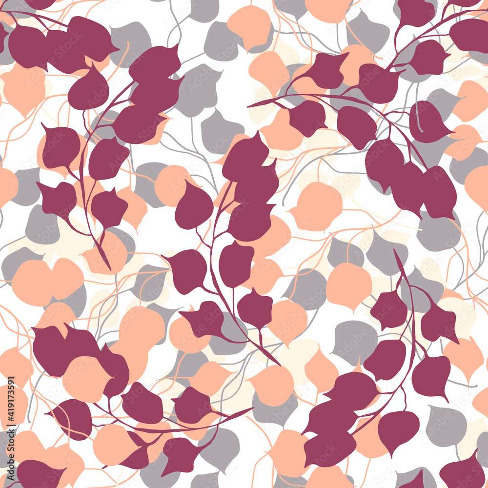 Seamless floral pattern, organic texture with colorful twigs, leaves