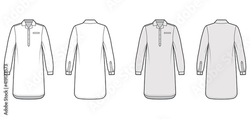 Nightshirt dress Sleepwear Pajama technical fashion illustration with knee length  classic henley collar  cuff long sleeves. Flat apparel front back  white  grey color. Women  men unisex CAD mockup