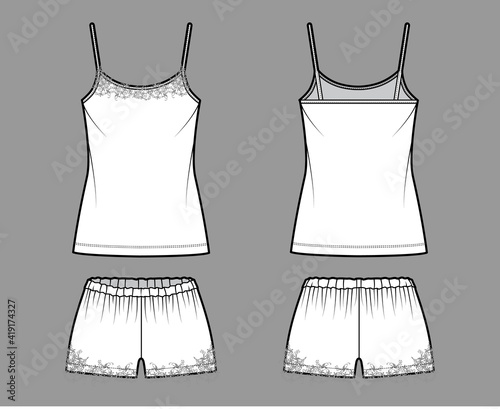 Camisole lace Pajama short Sleepwear technical fashion illustration with scoop neck cami, mini length, oversized. Flat apparel garment apparel front back white color style. Women men unisex CAD mockup